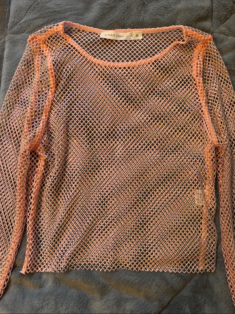 Altar'd State Coral Pink Bling Open-Knit Long Sleeve Top